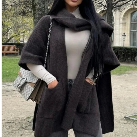 ZARA BROWN OVERSIZED CHUNKY KNIT CAPE CARDIGAN DRAPED NECK SCARF  Coat  sz-S/M - Picture 1 of 13